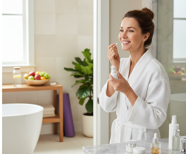 A woman in her 40s applying skincare products with a gentle smile, surrounded by healthy lifestyle elements like fruits and exercise equipment