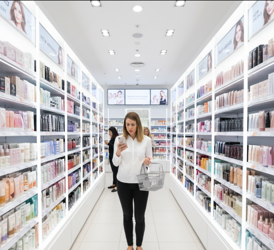 Woman looking at beauty products in a modern cosmetics store