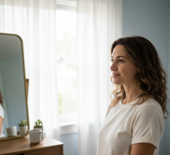 Woman practicing self-acceptance in front of mirror with natural light