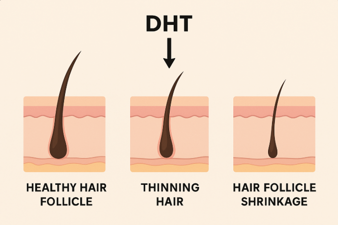 Diagram showing how DHT affects hair follicles over time