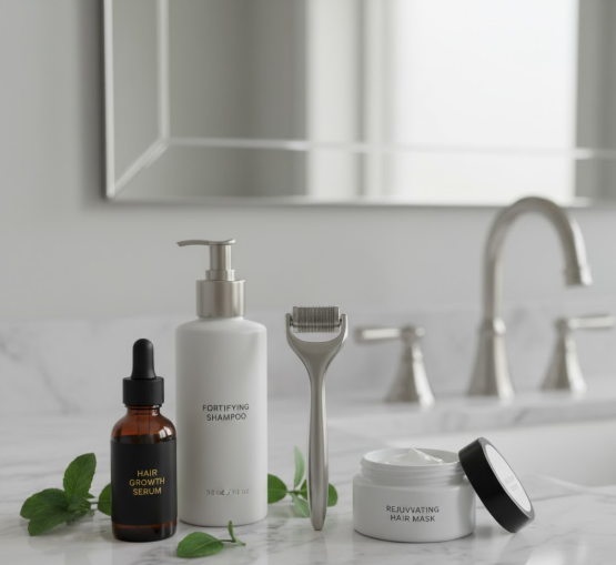 Hair treatment products including derma roller and bottles on bathroom counter