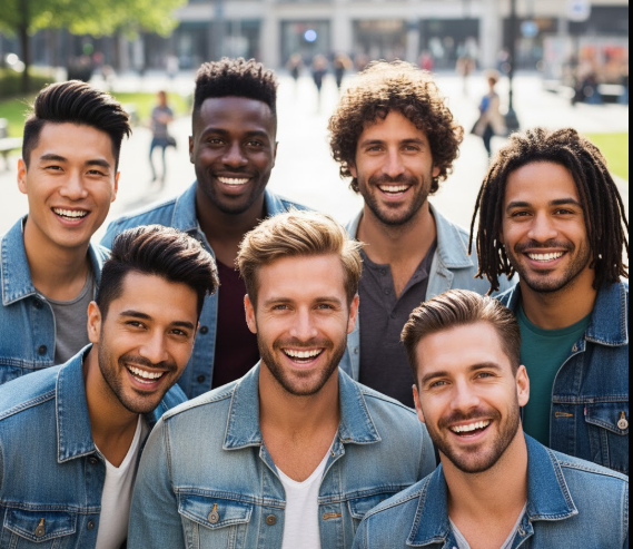 Diverse men with different hairstyles looking confident and happy