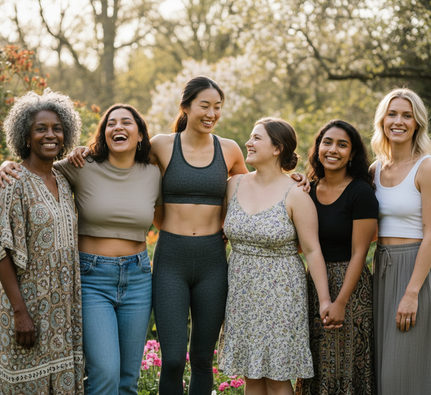 A diverse group of women of different ages, ethnicities, and body types looking confident and happy, representing body positivity and self-acceptance