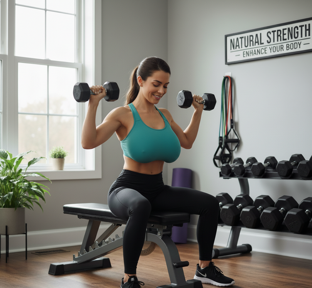 A woman doing chest exercises with dumbbells in a bright, modern fitness setting