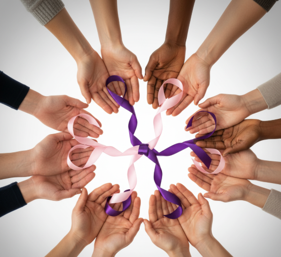 Support hands holding pink and purple awareness ribbons representing breast cancer and domestic violence awareness