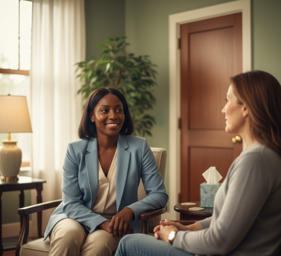 Healthcare provider having compassionate conversation with patient in private medical office setting