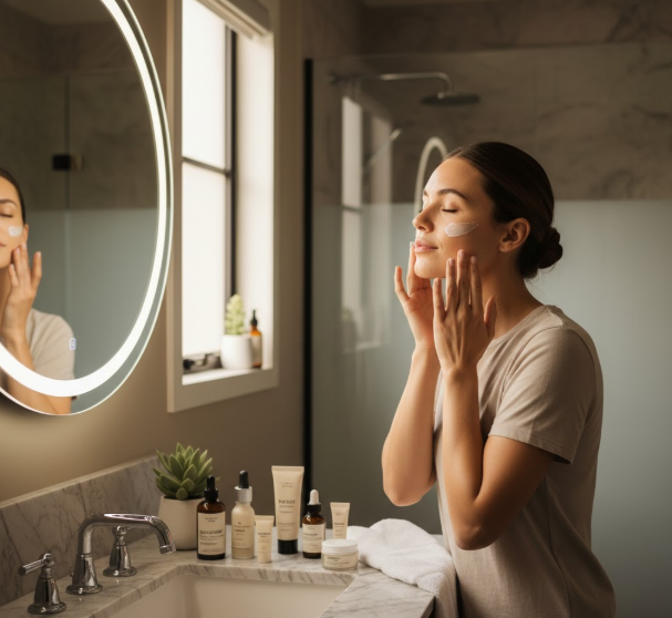 Woman applying moisturizer to her face in morning light near a bathroom mirror with skincare products arranged neatly