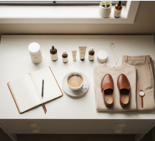 Organized morning routine setup with coffee, journal, skincare products, and outfit laid out on a clean white dresser