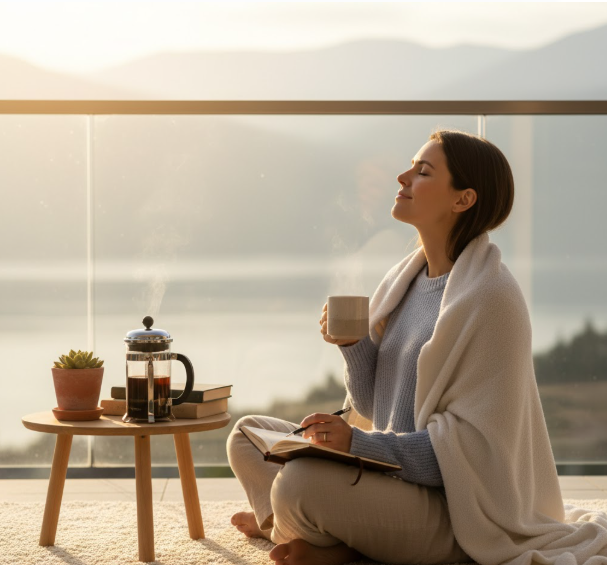 Woman practicing self-care with journal and morning coffee in peaceful setting