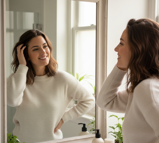 Person examining hair in mirror with confidence