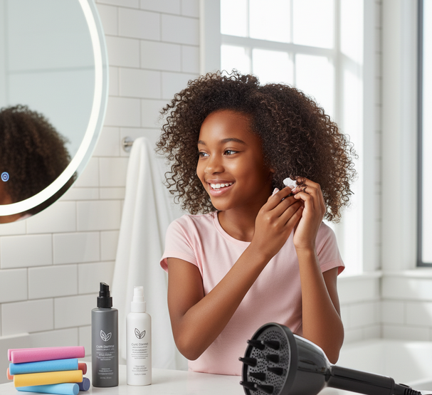 A teenage girl with beautiful, bouncy curls styling her hair in a bright bathroom with various hair products and tools on the counter
