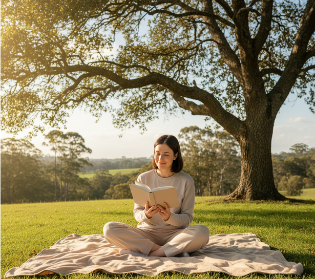 Person reading a book outdoors in nature, enjoying a peaceful moment away from technology
