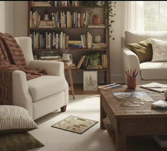 Peaceful home interior with board games, books, and art supplies arranged on a table, no electronic devices visible