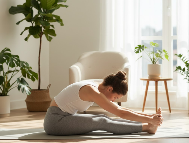 Woman doing yoga pose on mat in bright living room with plants