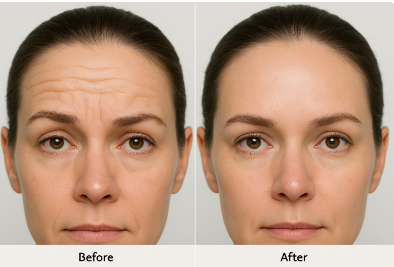 Before and after comparison of forehead lines treatment results