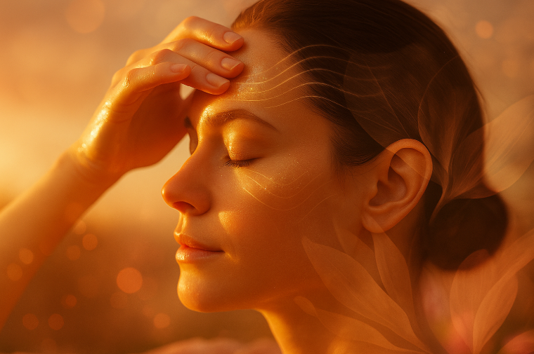 Woman applying anti-aging serum to forehead with smooth, glowing skin