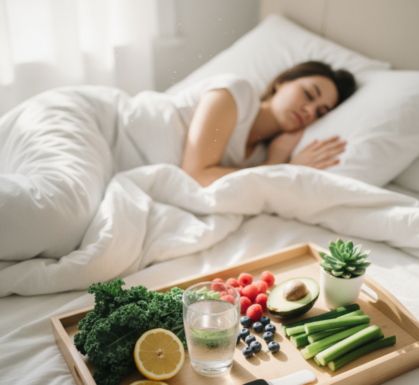 Healthy lifestyle elements including sleep, water, and nutritious food for reducing face fat
