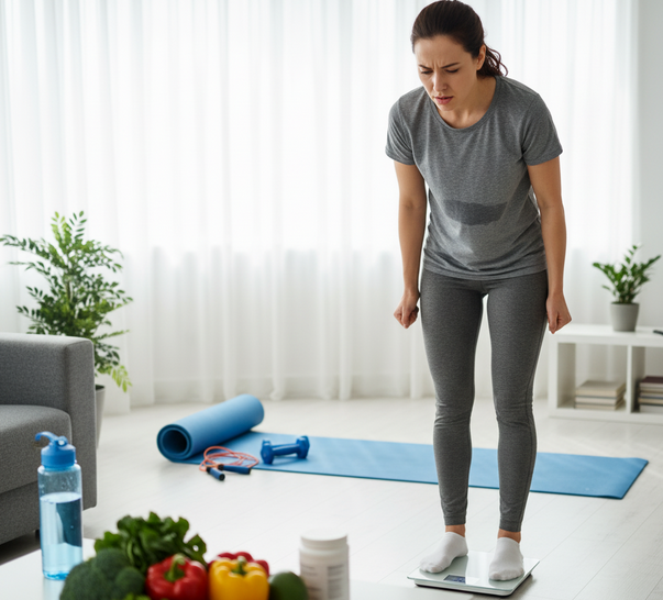 A person looking frustrated while standing on a bathroom scale, with healthy foods and exercise equipment visible in the background