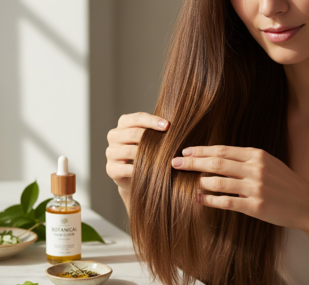 woman applying natural oil treatment to healthy shiny hair