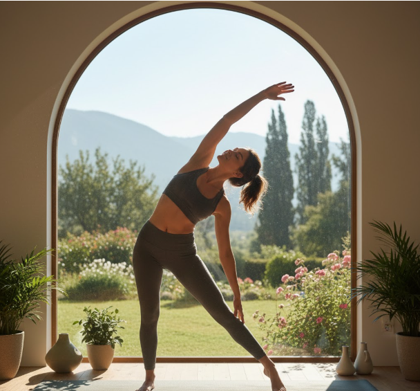 Woman stretching by a window with natural light, looking peaceful and content