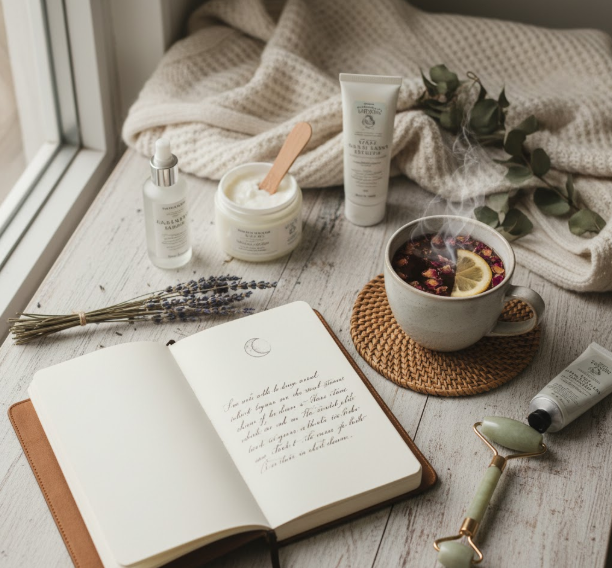 Self-care items arranged beautifully including skincare, journal, and tea