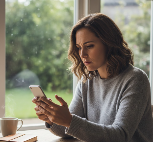 Woman looking thoughtfully at smartphone with natural lighting