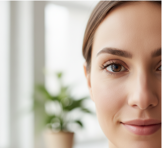 Close-up of a woman's eyes showing the delicate under-eye area with natural lighting, demonstrating healthy-looking skin without dark circles