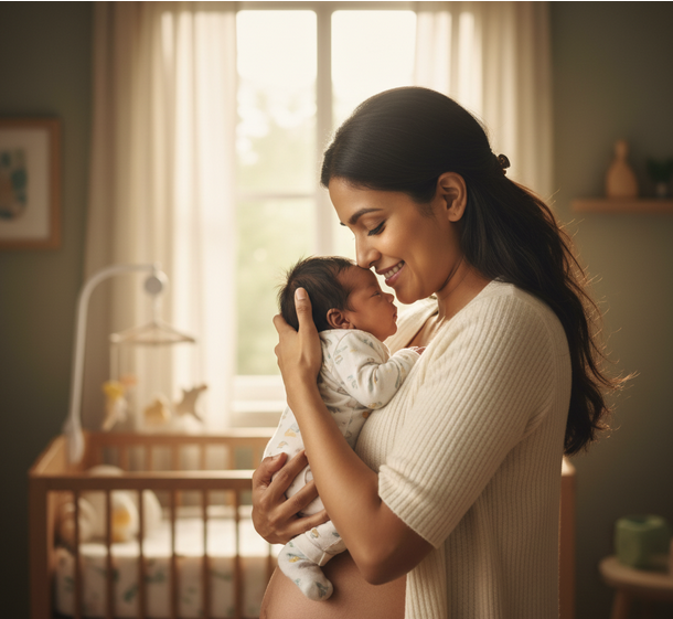 Mother holding baby with peaceful, confident expression