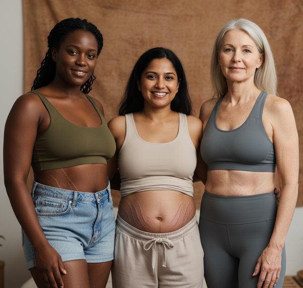 Diverse group of women of different ages showing natural, unretouched skin with various types of stretch marks, demonstrating body positivity and acceptance