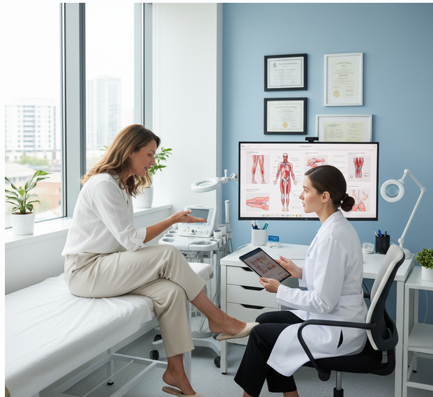 A woman examining her legs for visible veins in a bright, modern medical consultation room