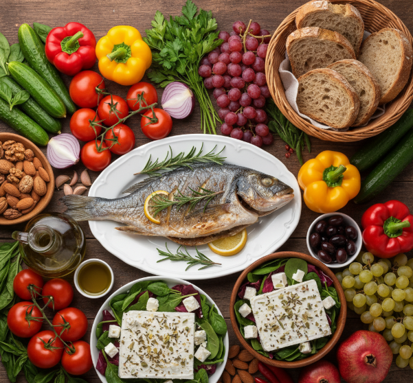 Fresh Mediterranean diet foods including olive oil, fish, vegetables, and fruits arranged on a table