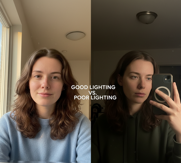 A split-screen comparison showing the same person in a mirror vs selfie with different lighting conditions