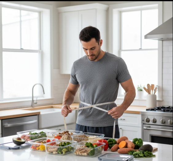 Person measuring their waist with a measuring tape while preparing healthy meal prep containers in a bright kitchen
