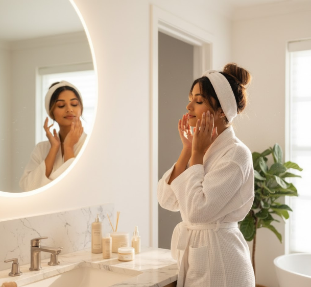 Woman applying skincare products in front of mirror with natural morning light