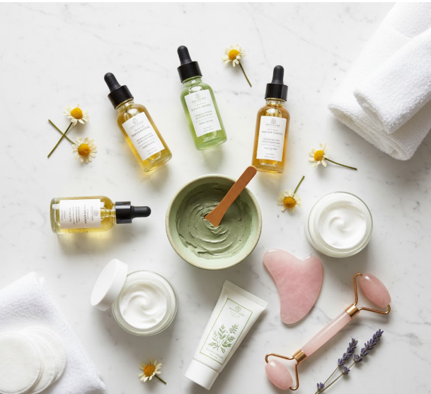 Assortment of natural skincare products, face masks, and tools on a clean white surface