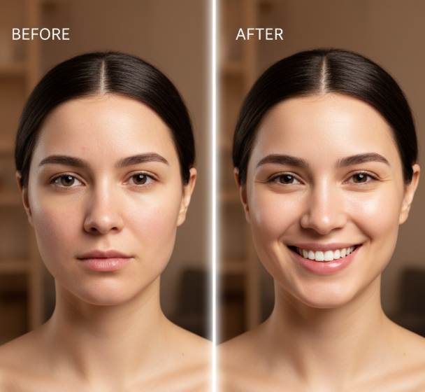 Before and after comparison showing healthy glowing skin transformation