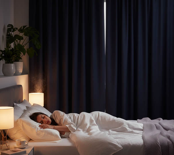 Woman sleeping peacefully on silk pillowcase in dark, serene bedroom