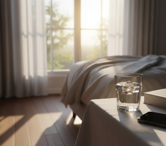 Glass of water next to bed with morning light coming through window