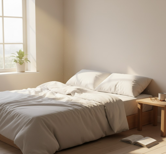Simply made bed with soft morning light and a book on the nightstand