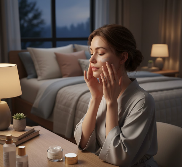 Woman applying night cream as part of her evening skincare routine in a calm bedroom setting