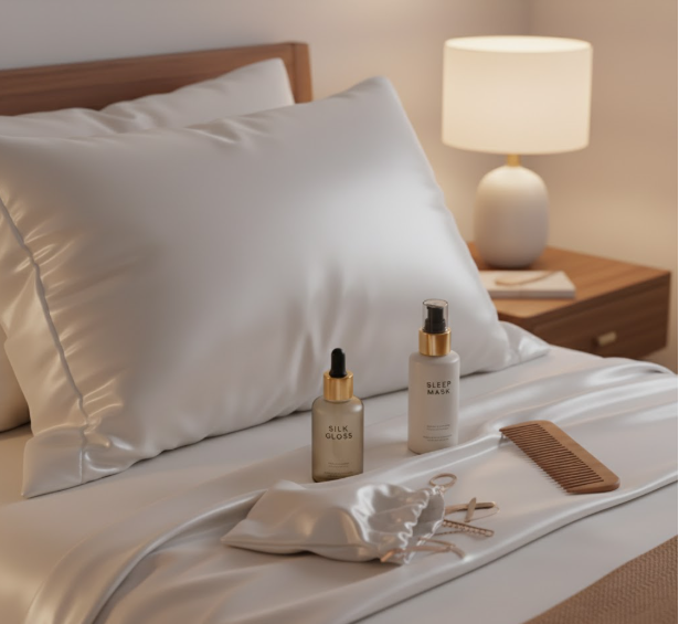 Silk pillowcase with hair care products arranged on a nightstand