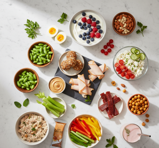 Array of high protein snacks including Greek yogurt with berries, hard-boiled eggs, cottage cheese, edamame, and turkey roll-ups arranged on a wooden cutting board